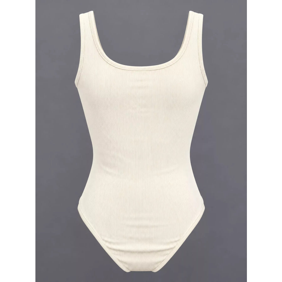 Full Size Ribbed Knit Sleeveless Scoop Neck Bodysuit Plus Creamy-white / S Apparel and Accessories
