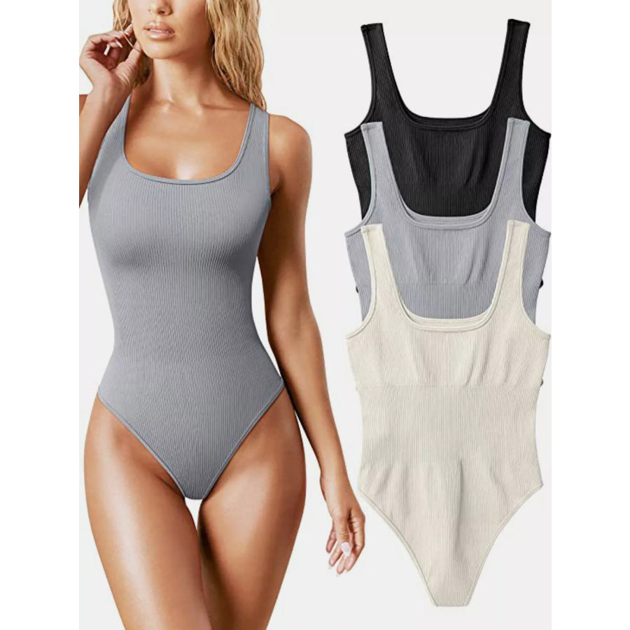 Full Size Ribbed Knit Sleeveless Scoop Neck Bodysuit Plus Grey / S Apparel and Accessories
