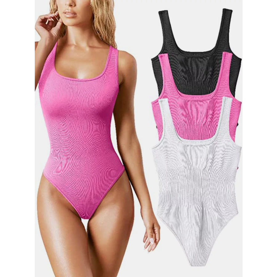 Full Size Ribbed Knit Sleeveless Scoop Neck Bodysuit Plus Pink / S Apparel and Accessories