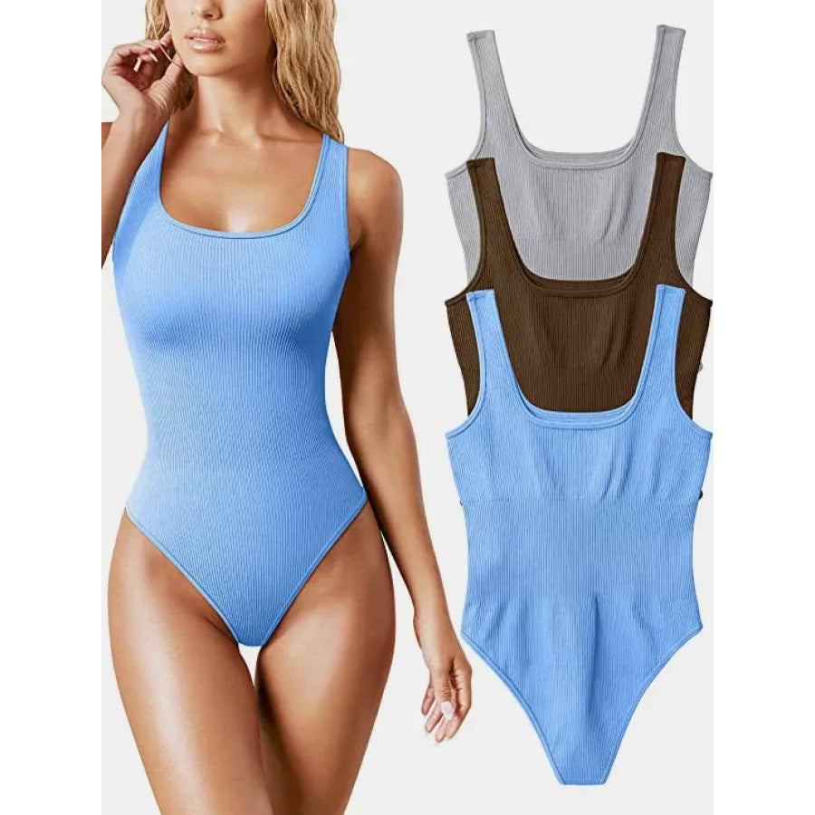 Full Size Ribbed Knit Sleeveless Scoop Neck Bodysuit Plus Sky Blue / S Apparel and Accessories