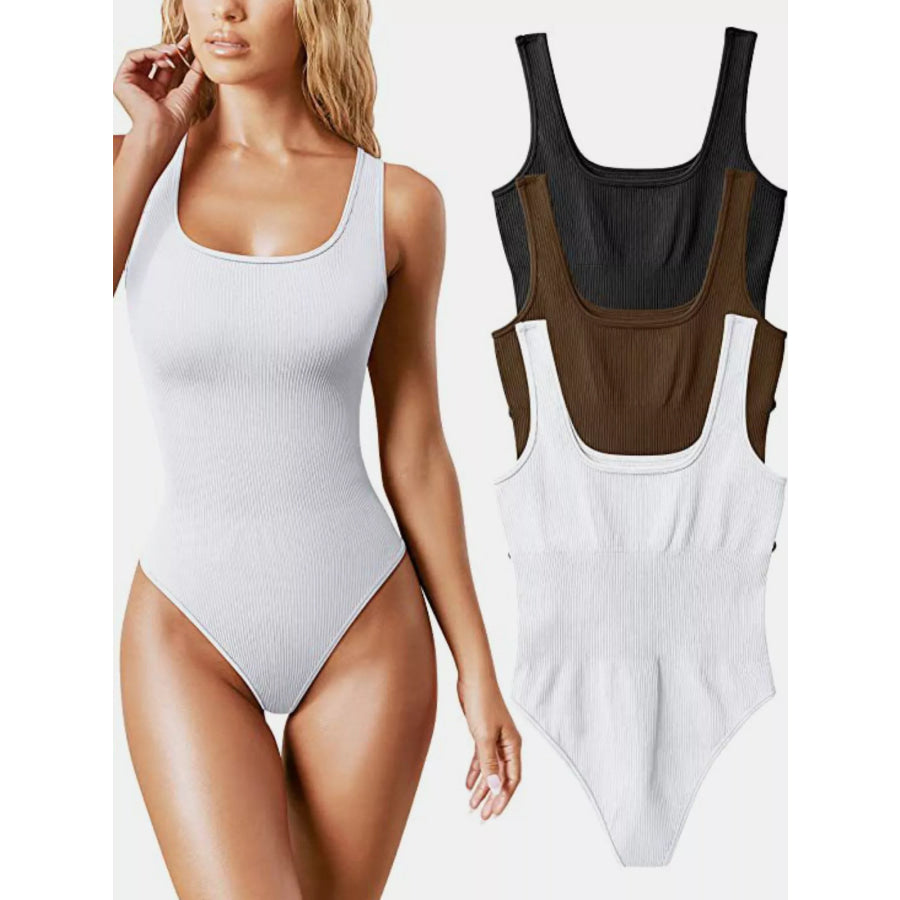 Full Size Ribbed Knit Sleeveless Scoop Neck Bodysuit Plus White / S Apparel and Accessories