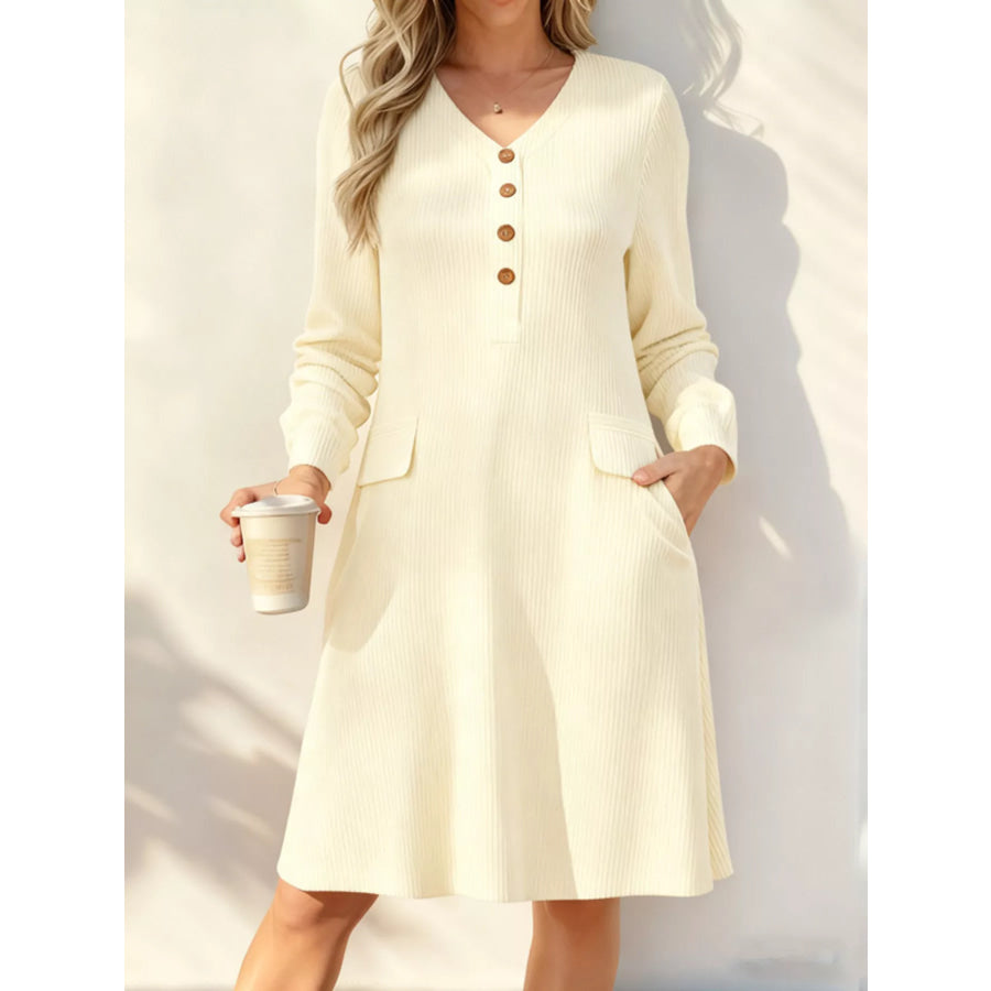 Full Size Ribbed Knit V-Neck Dress Plus Size Apricot / S Apparel and Accessories