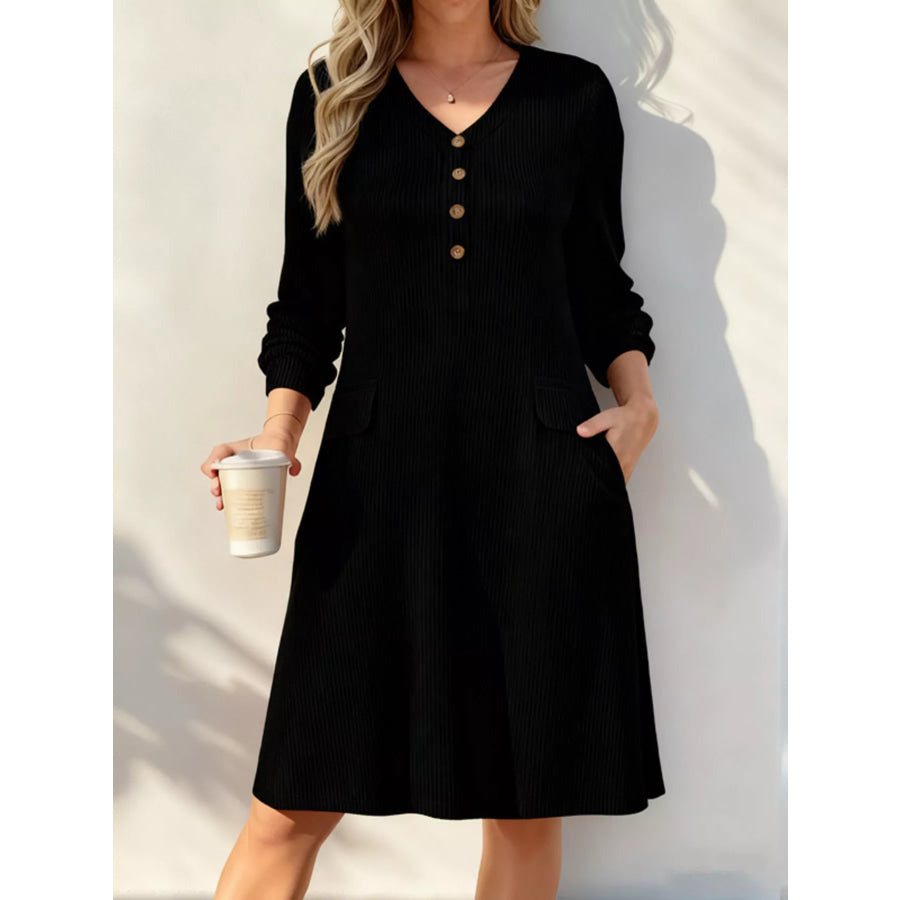 Full Size Ribbed Knit V-Neck Dress Plus Size Black / S Apparel and Accessories
