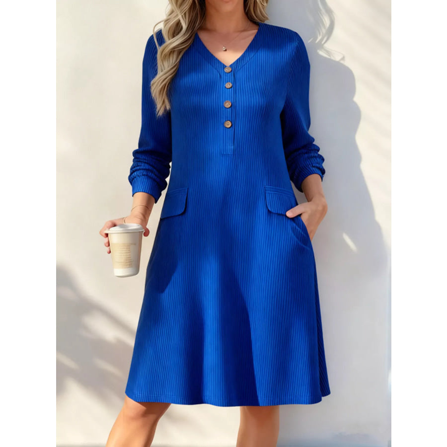 Full Size Ribbed Knit V-Neck Dress Plus Size Blue / S Apparel and Accessories
