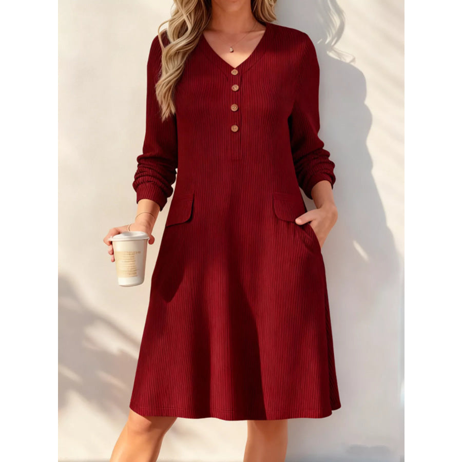 Full Size Ribbed Knit V-Neck Dress Plus Size Burgundy / S Apparel and Accessories