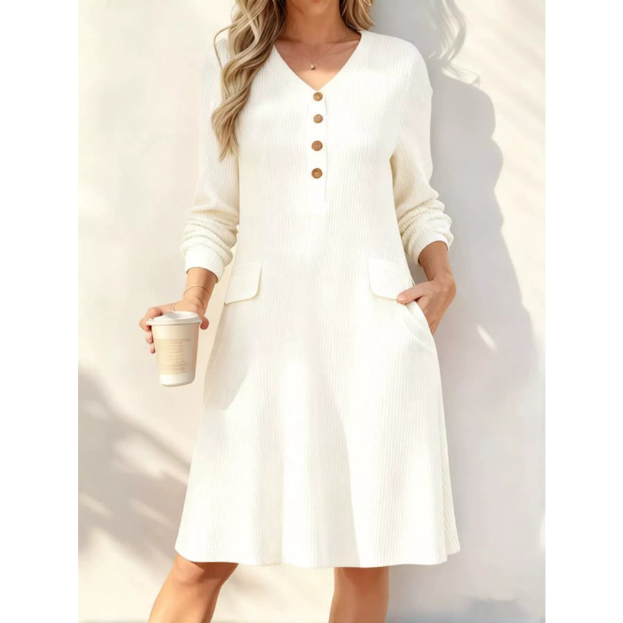 Full Size Ribbed Knit V-Neck Dress Plus Size White / S Apparel and Accessories