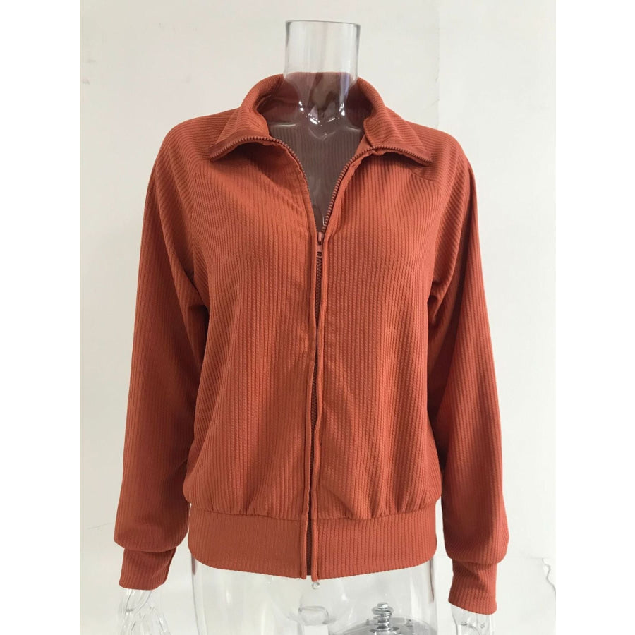 Full Size Ribbed Knit Zip-Up Outerwear Plus Size Apparel and Accessories