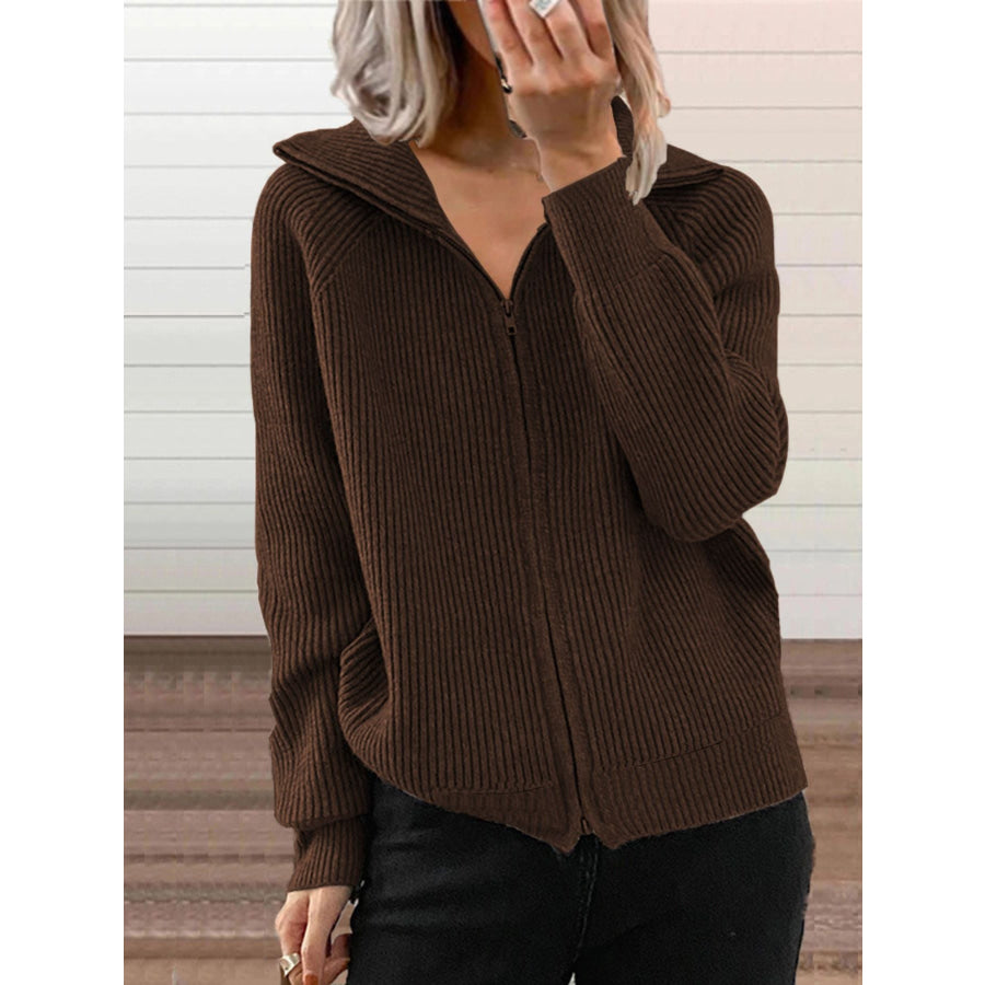 Full Size Ribbed Knit Zip-Up Outerwear Plus Size Brown / S Apparel and Accessories