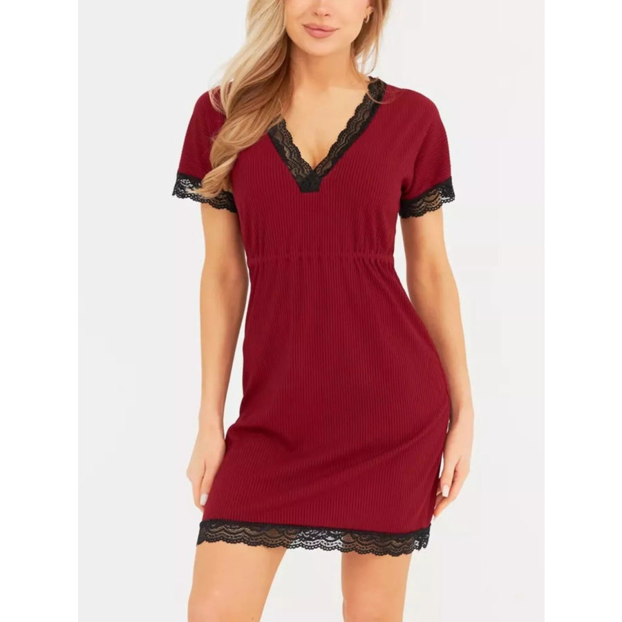 Full Size Ribbed Lace-Trim V-Neck Mini Dress Plus Size Apparel and Accessories