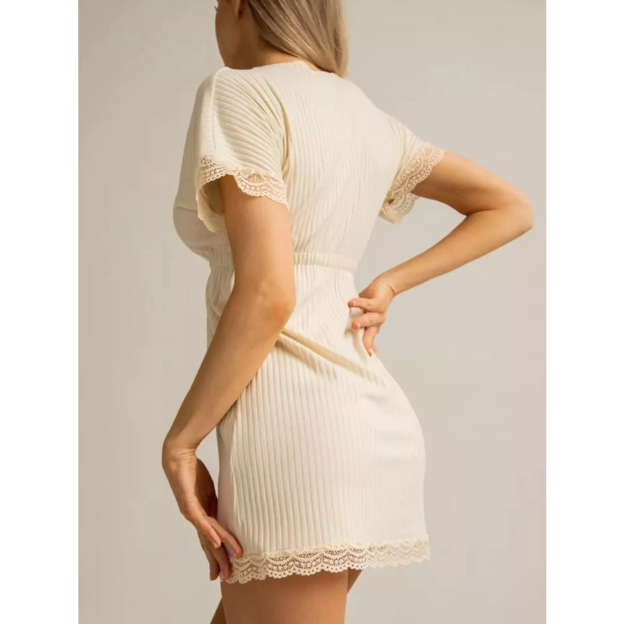 Full Size Ribbed Lace-Trim V-Neck Mini Dress Plus Size Apparel and Accessories