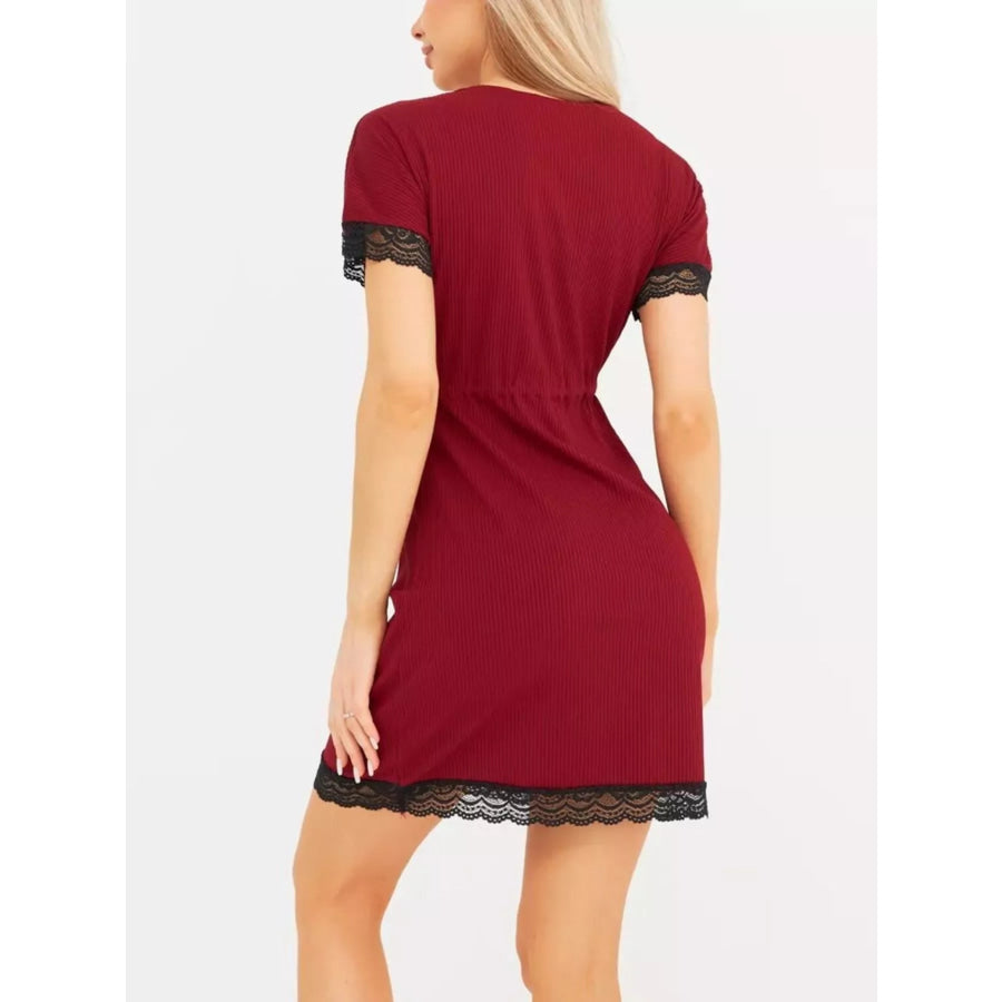 Full Size Ribbed Lace-Trim V-Neck Mini Dress Plus Size Apparel and Accessories