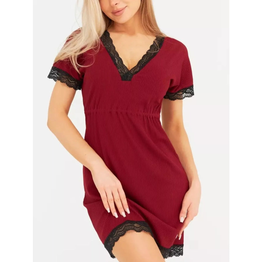Full Size Ribbed Lace-Trim V-Neck Mini Dress Plus Size Apparel and Accessories