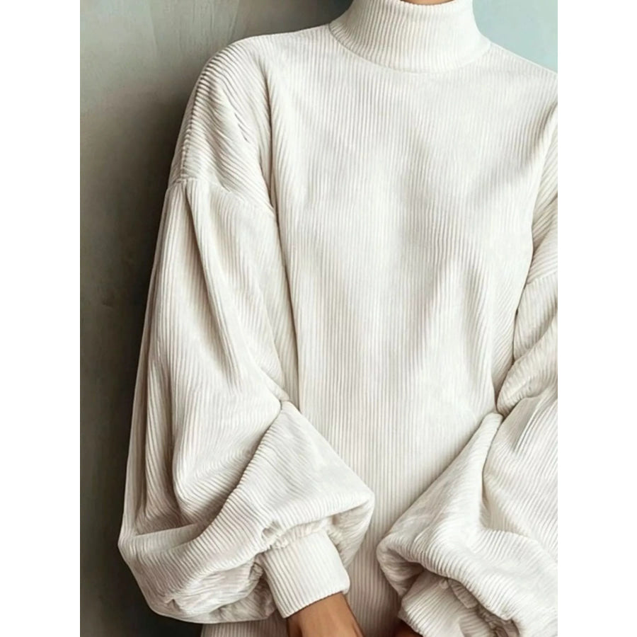 Full Size Ribbed Mock Neck Lantern Sleeve Mini Dress Plus Apparel and Accessories