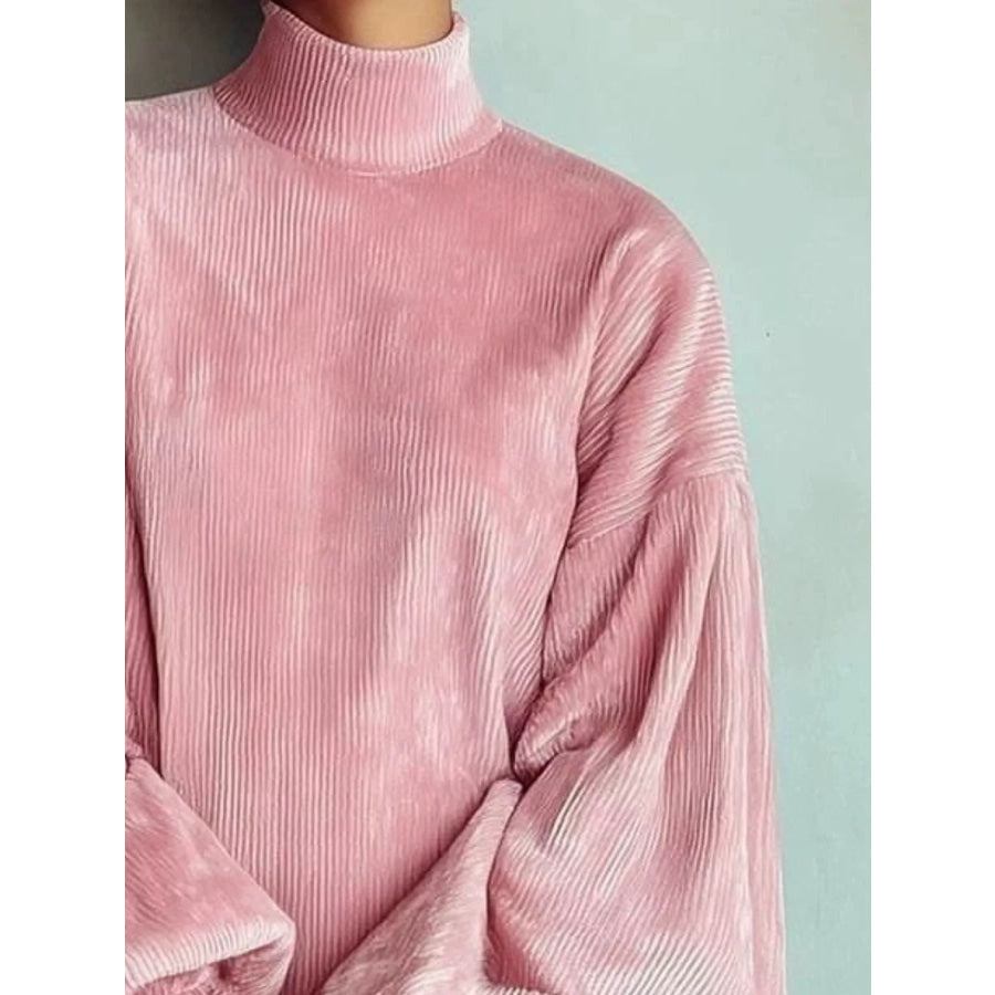 Full Size Ribbed Mock Neck Lantern Sleeve Mini Dress Plus Apparel and Accessories