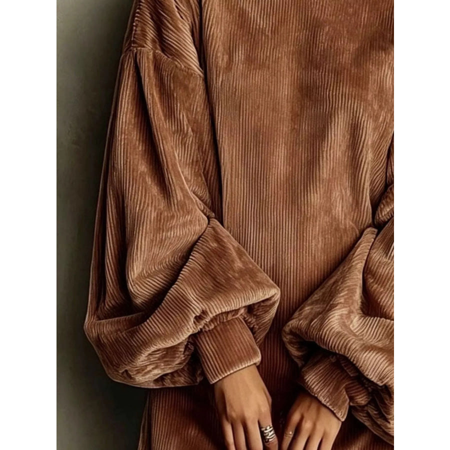 Full Size Ribbed Mock Neck Lantern Sleeve Mini Dress Plus Apparel and Accessories