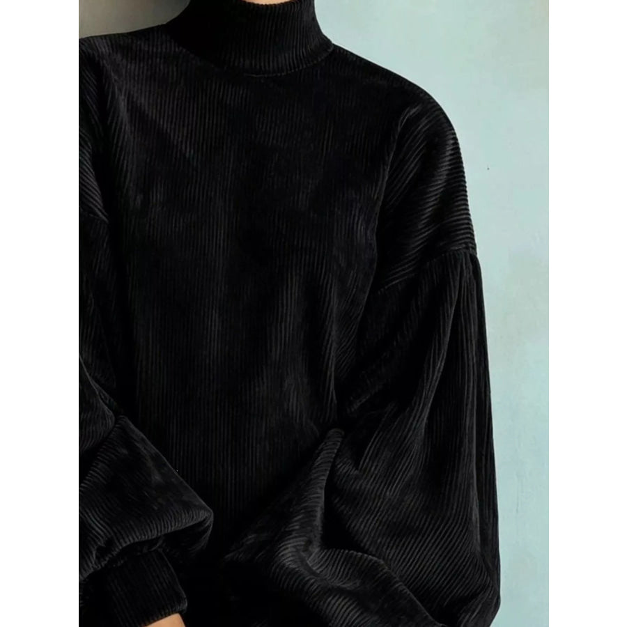 Full Size Ribbed Mock Neck Lantern Sleeve Mini Dress Plus Apparel and Accessories