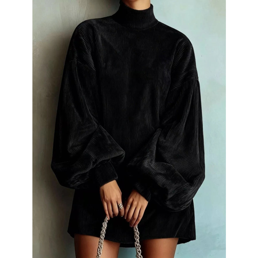 Full Size Ribbed Mock Neck Lantern Sleeve Mini Dress Plus Black / S Apparel and Accessories