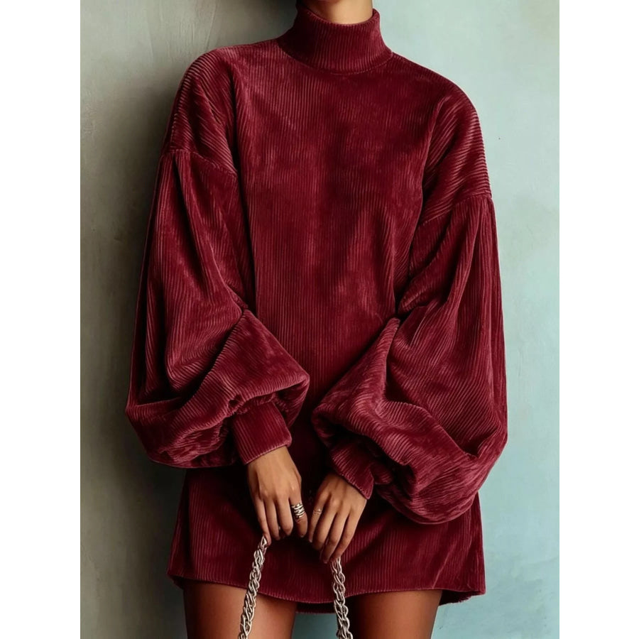Full Size Ribbed Mock Neck Lantern Sleeve Mini Dress Plus Burgundy / S Apparel and Accessories