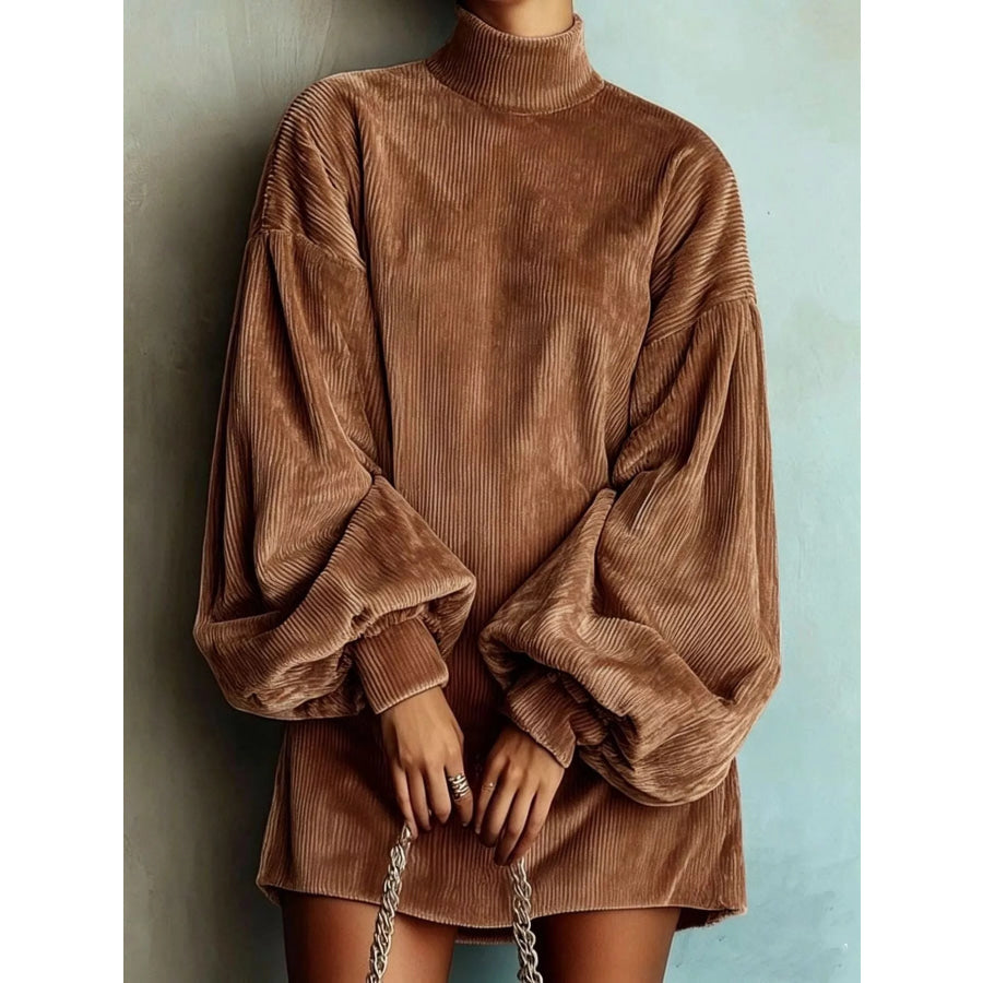 Full Size Ribbed Mock Neck Lantern Sleeve Mini Dress Plus Coffee Brown / S Apparel and Accessories