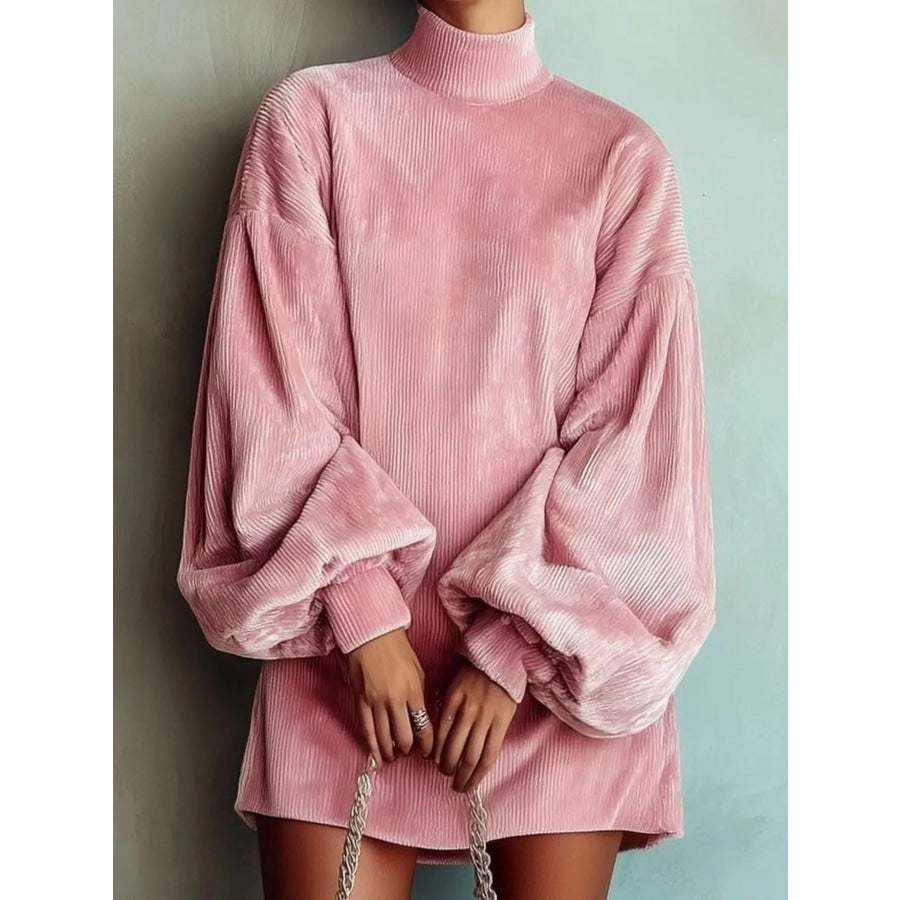 Full Size Ribbed Mock Neck Lantern Sleeve Mini Dress Plus Pink / S Apparel and Accessories
