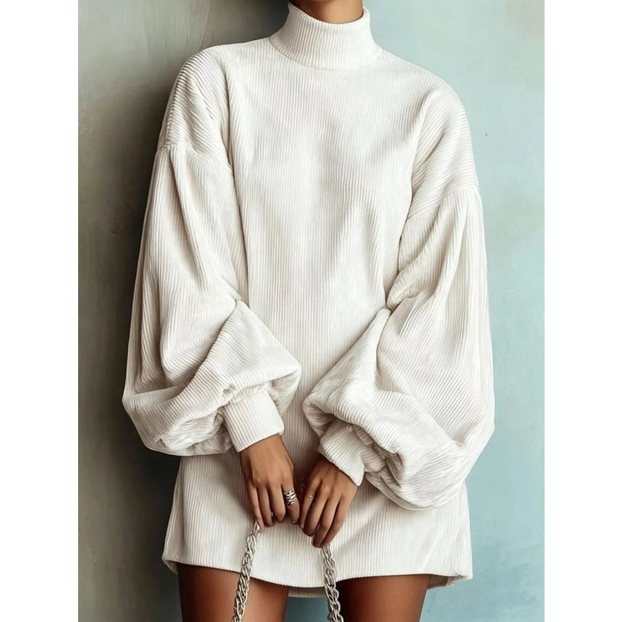 Full Size Ribbed Mock Neck Lantern Sleeve Mini Dress Plus White / S Apparel and Accessories