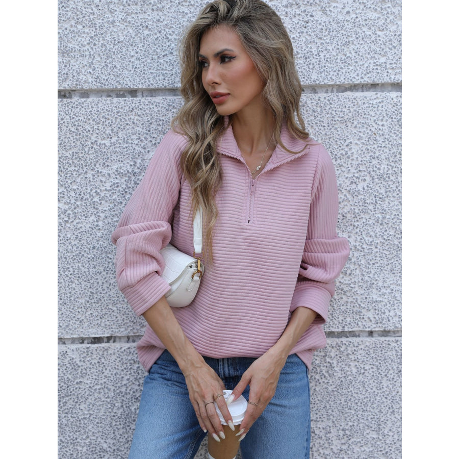 Full Size Ribbed Quarter Zip Long Sleeve Sweatshirt Apparel and Accessories