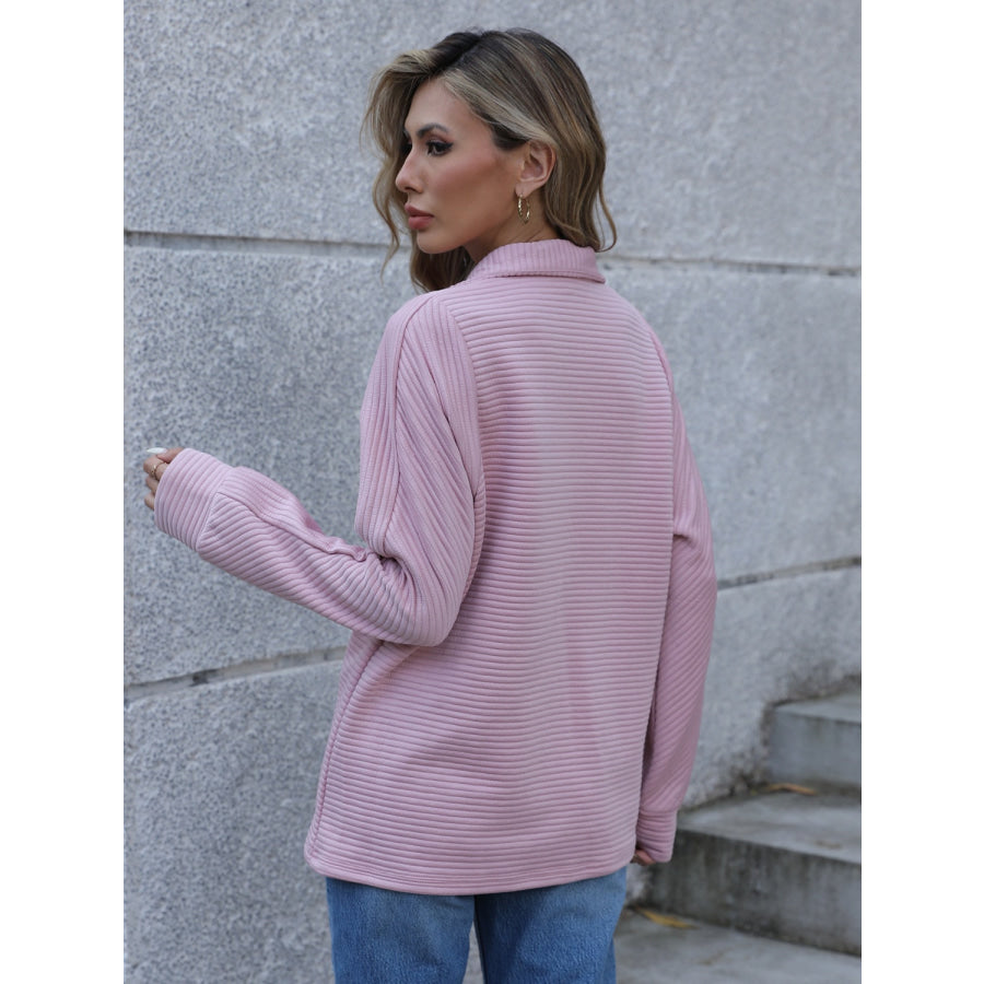 Full Size Ribbed Quarter Zip Long Sleeve Sweatshirt Apparel and Accessories