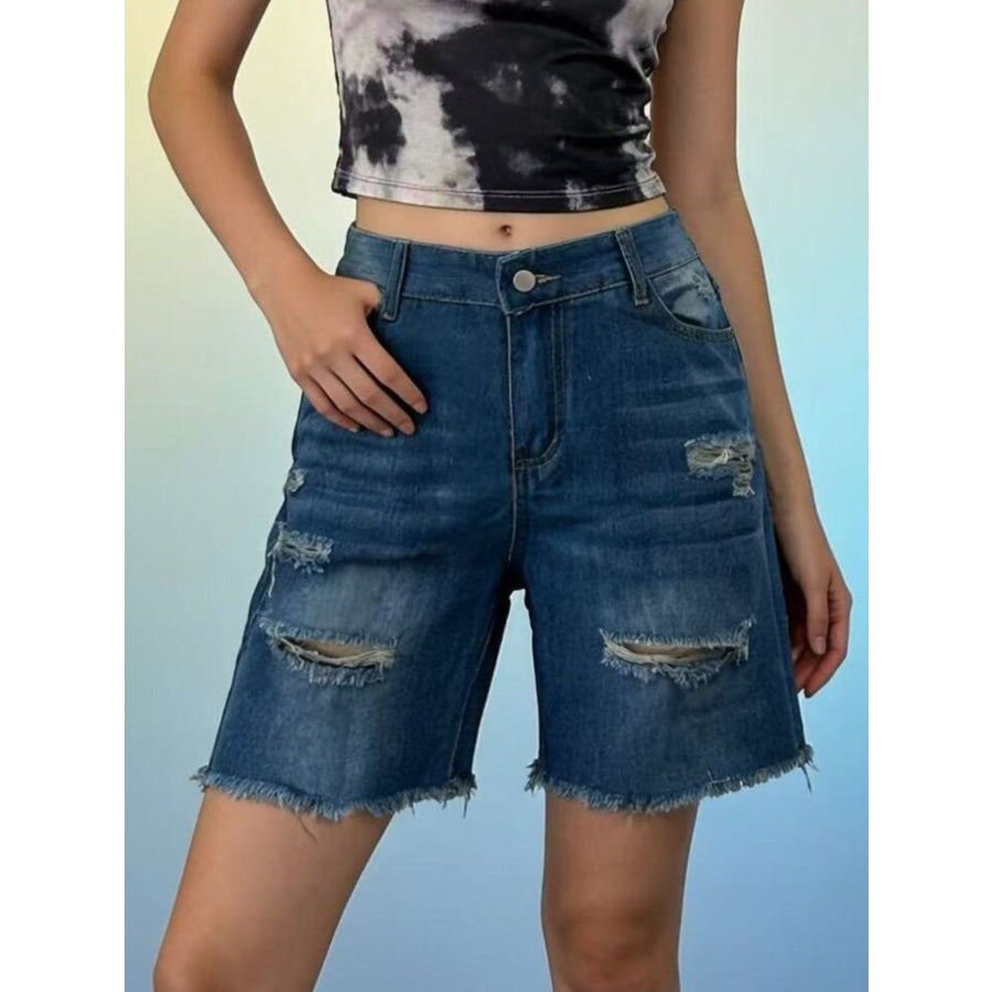 Full Size Ripped Frayed Hem Denim Shorts Plus Size Dark Blue / S Apparel and Accessories