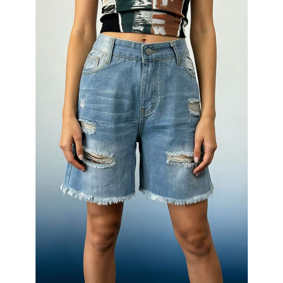 Full Size Ripped Frayed Hem Denim Shorts Plus Size Light Blue / S Apparel and Accessories