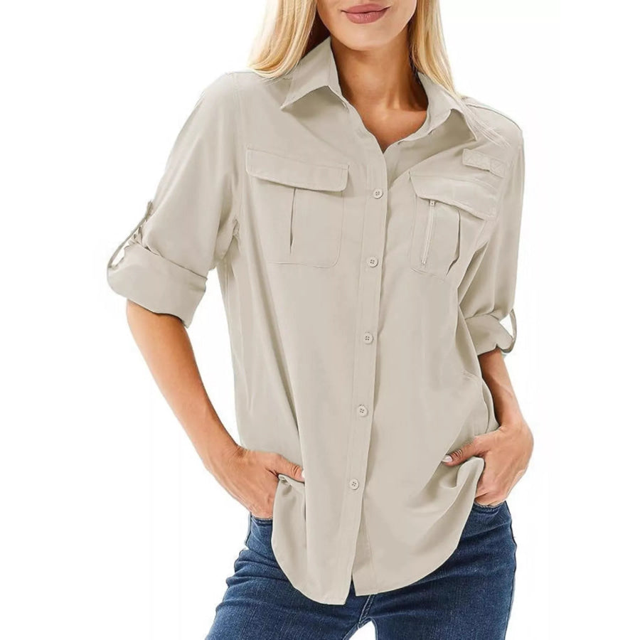 Full Size Roll-Up Sleeve Button Up Shirt Plus Size Apricot / XS Apparel and Accessories