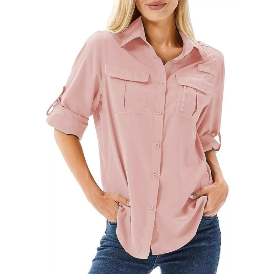 Full Size Roll-Up Sleeve Button Up Shirt Plus Size Pink / XS Apparel and Accessories