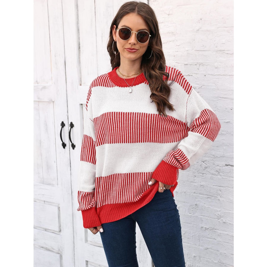 Full Size Round Neck Drop Shoulder Sweater Deep Red / S