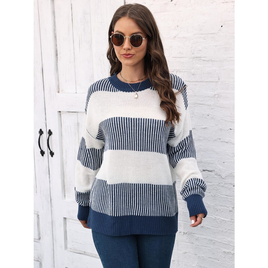 Full Size Round Neck Drop Shoulder Sweater Dusty Blue / S