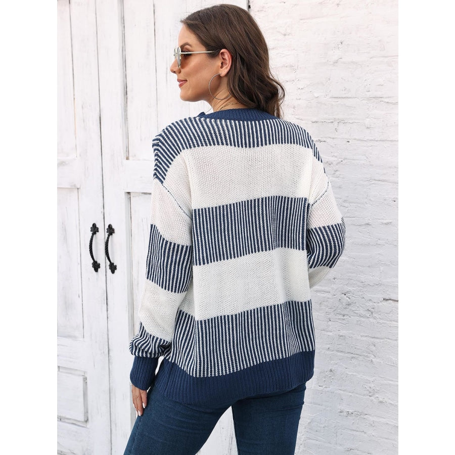 Full Size Round Neck Drop Shoulder Sweater Dusty Blue / S