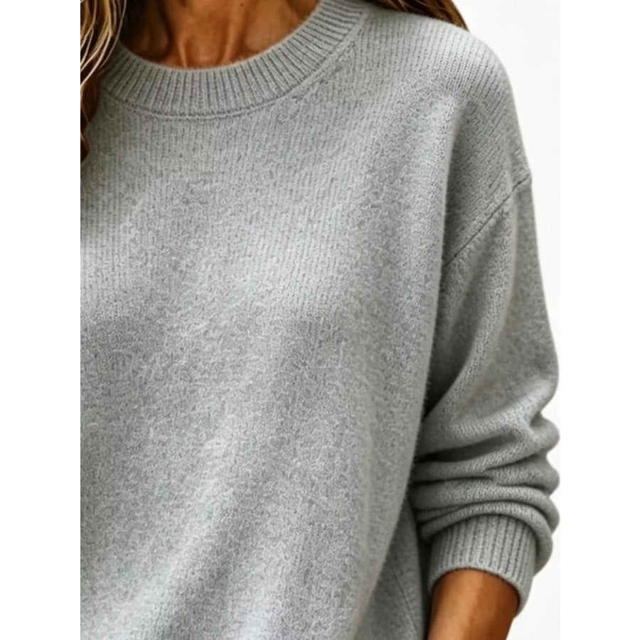Full Size Round Neck Dropped Shoulder Sweater Plus Size Apparel and Accessories