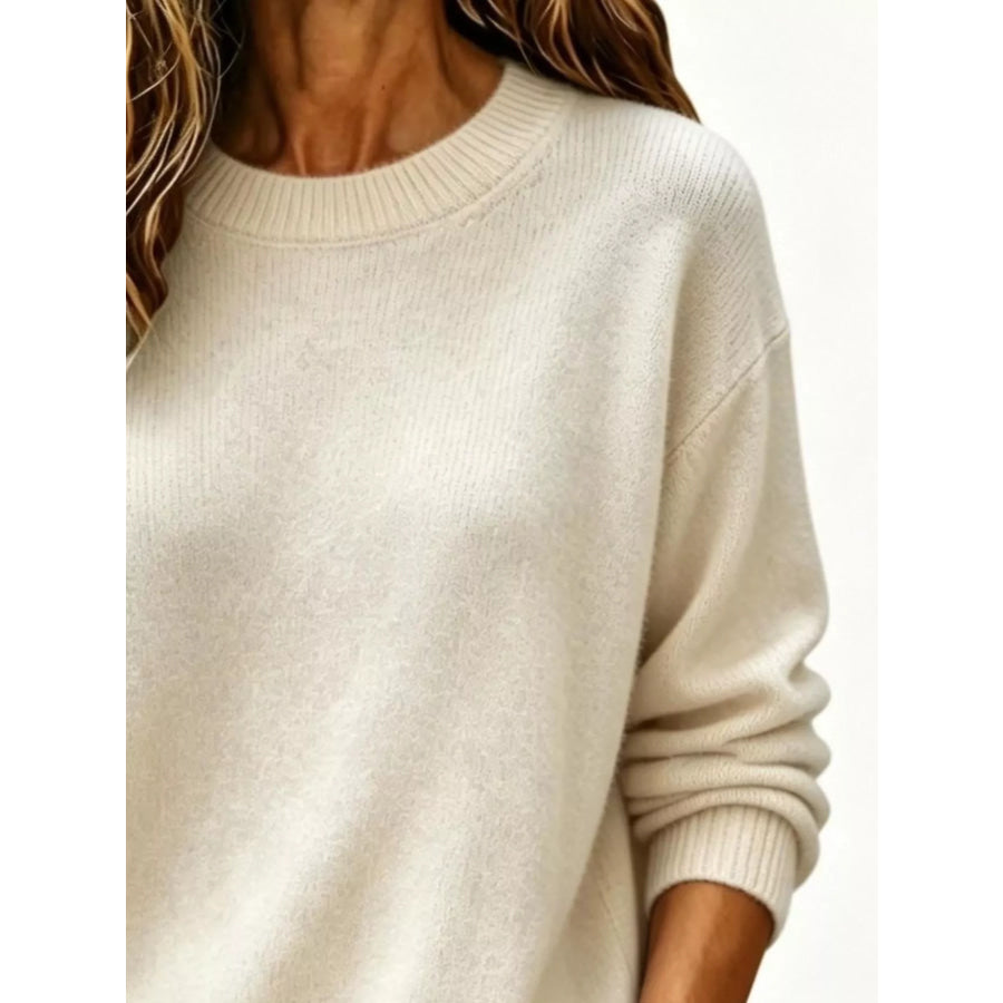 Full Size Round Neck Dropped Shoulder Sweater Plus Size Apparel and Accessories