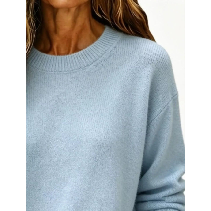 Full Size Round Neck Dropped Shoulder Sweater Plus Size Apparel and Accessories