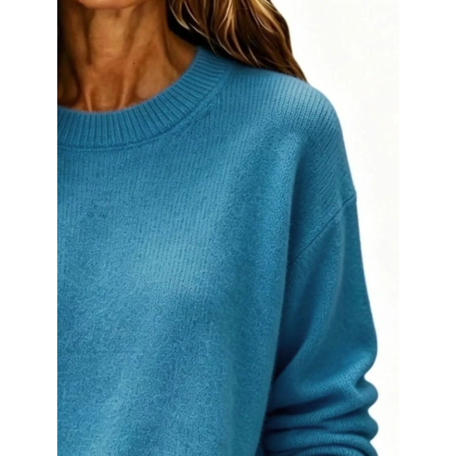 Full Size Round Neck Dropped Shoulder Sweater Plus Size Apparel and Accessories