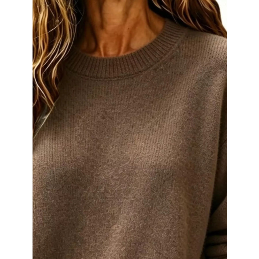 Full Size Round Neck Dropped Shoulder Sweater Plus Size Apparel and Accessories