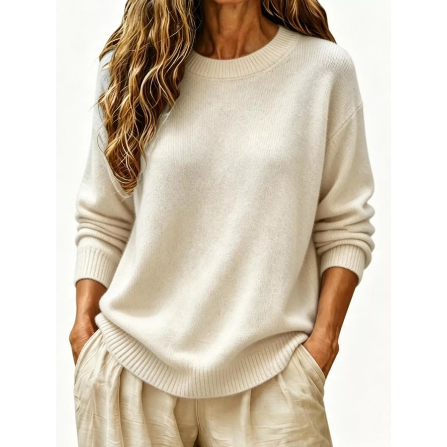 Full Size Round Neck Dropped Shoulder Sweater Plus Size Apricot / S Apparel and Accessories