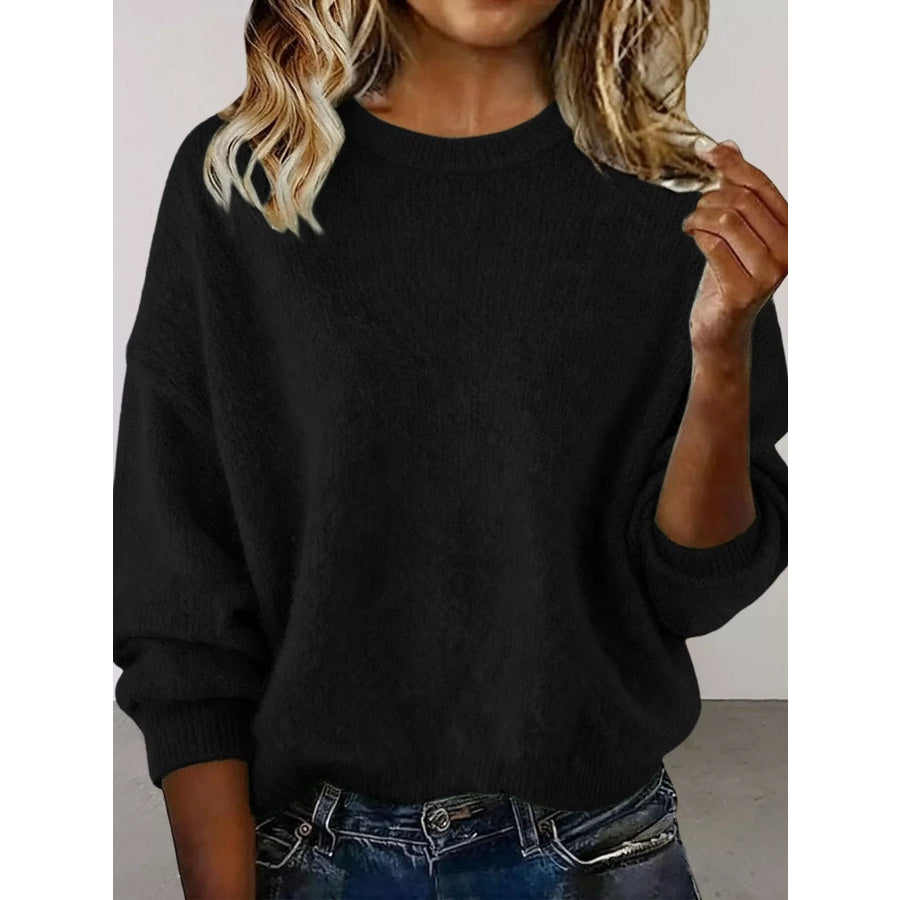 Full Size Round Neck Dropped Shoulder Sweater Plus Size Black / S Apparel and Accessories