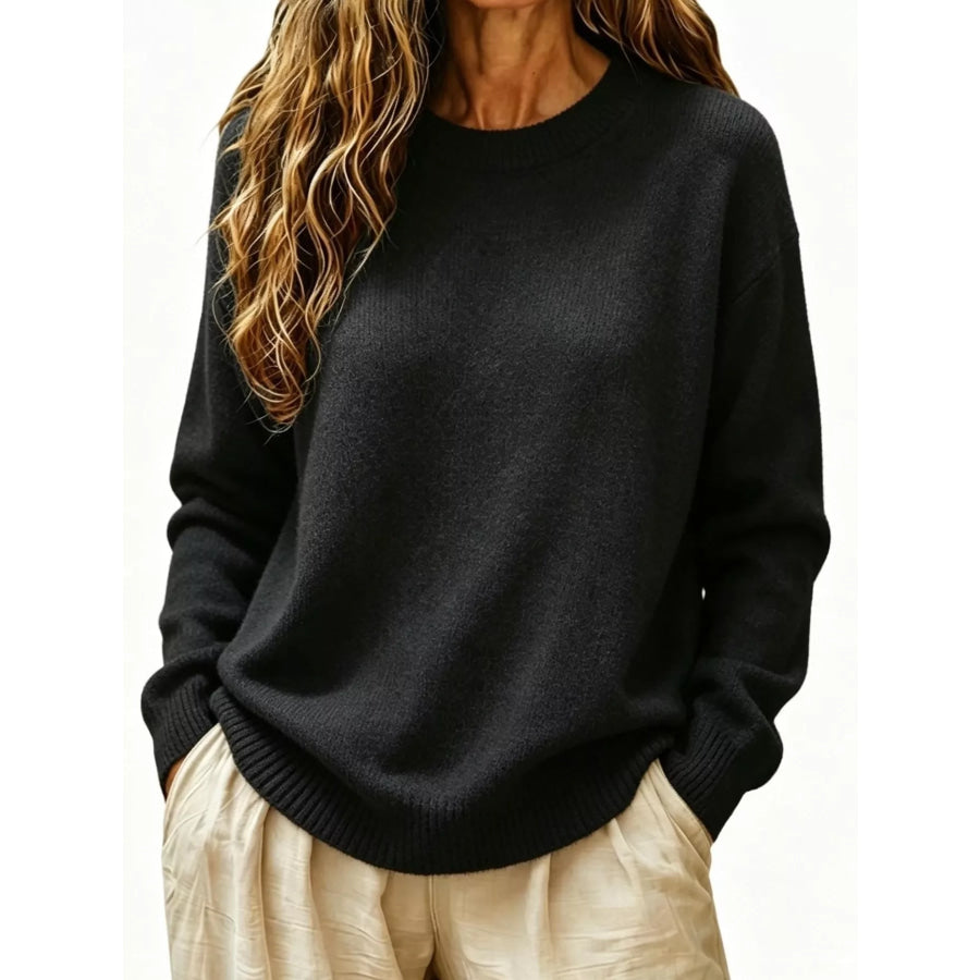Full Size Round Neck Dropped Shoulder Sweater Plus Size Black / S Apparel and Accessories
