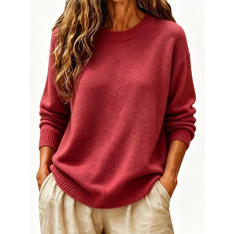 Full Size Round Neck Dropped Shoulder Sweater Plus Size Burgundy / S Apparel and Accessories