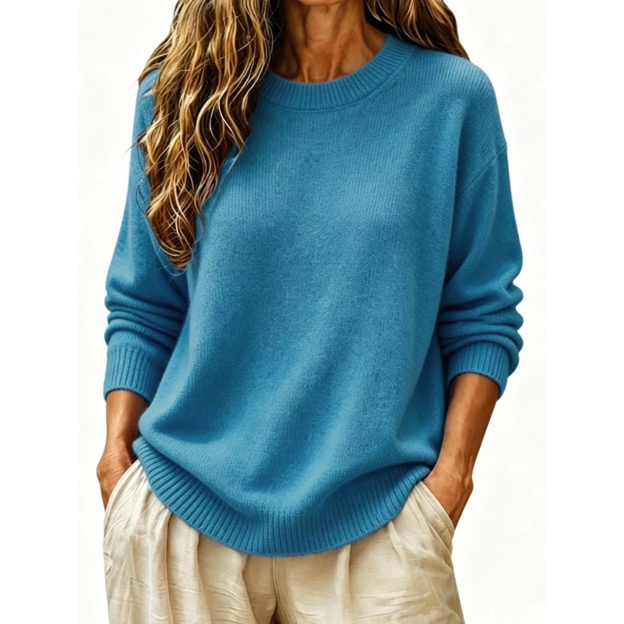 Full Size Round Neck Dropped Shoulder Sweater Plus Size Cerulean / S Apparel and Accessories