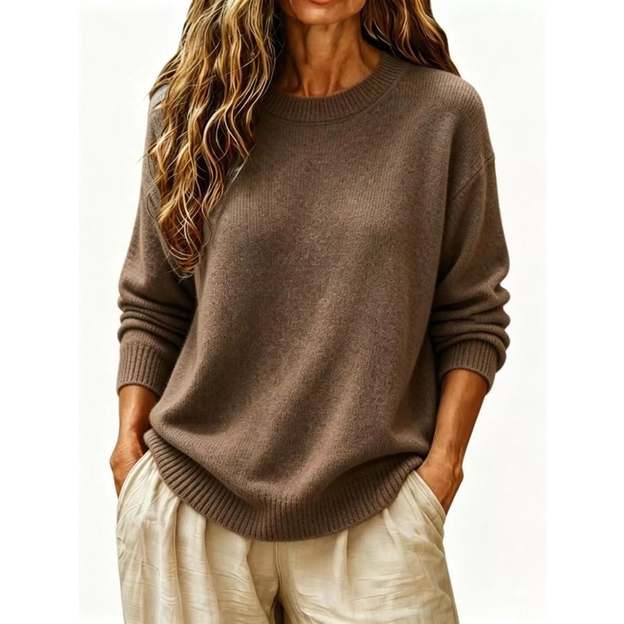 Full Size Round Neck Dropped Shoulder Sweater Plus Size Coffee Brown / S Apparel and Accessories