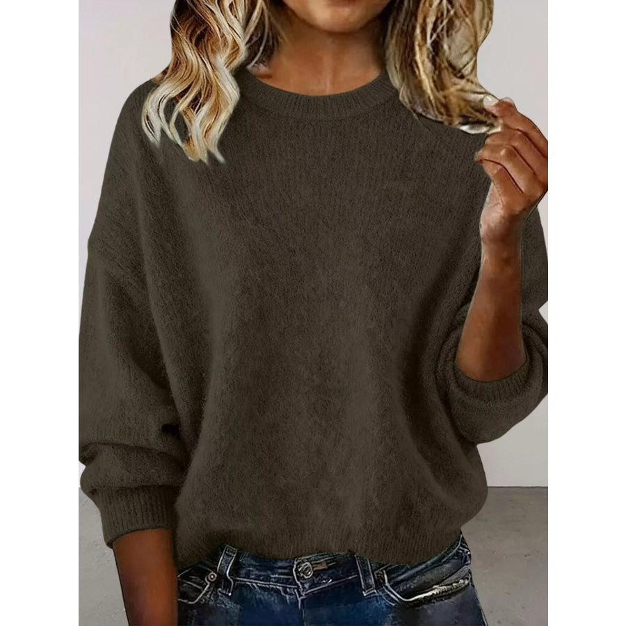 Full Size Round Neck Dropped Shoulder Sweater Plus Size Dark Brown / S Apparel and Accessories