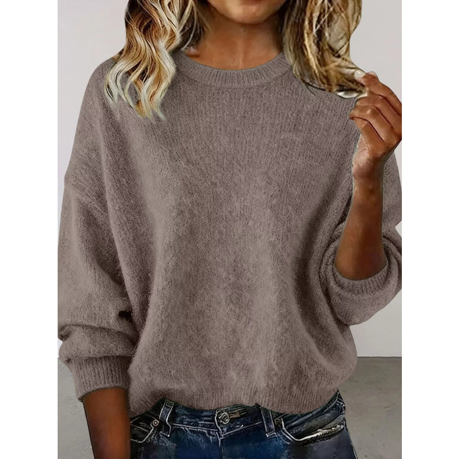 Full Size Round Neck Dropped Shoulder Sweater Plus Size Dark Gray / S Apparel and Accessories