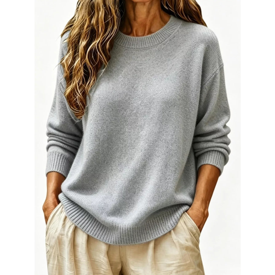 Full Size Round Neck Dropped Shoulder Sweater Plus Size Gray / S Apparel and Accessories