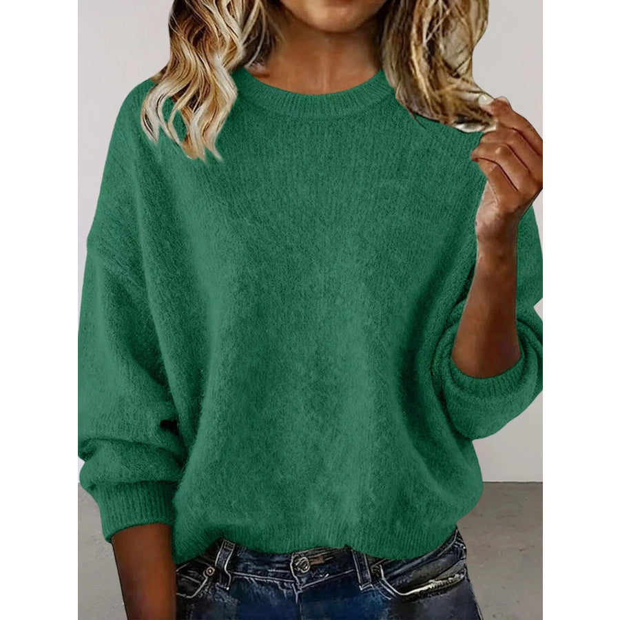Full Size Round Neck Dropped Shoulder Sweater Plus Size Green / S Apparel and Accessories