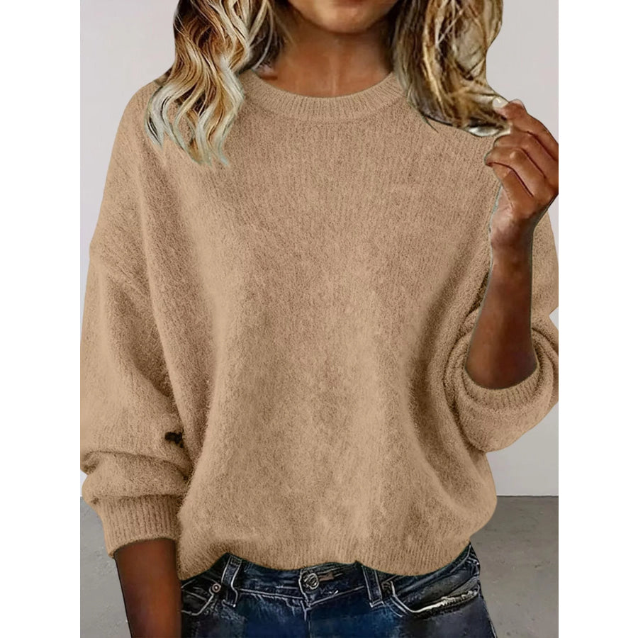 Full Size Round Neck Dropped Shoulder Sweater Plus Size Khaki / S Apparel and Accessories